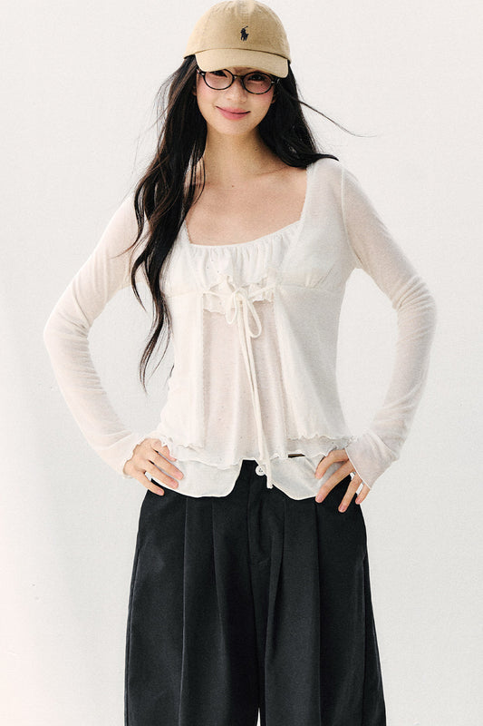 Bow Tie Sheer Cardigan And Camisole Set-Up