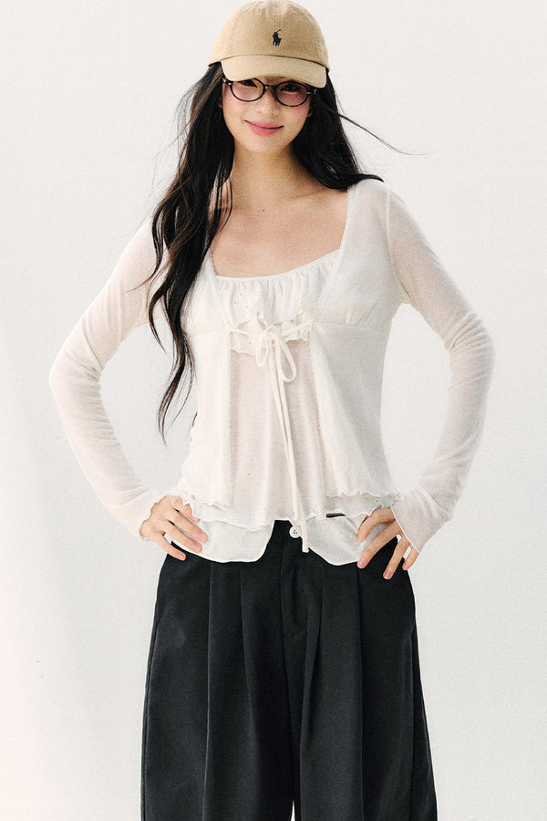 Bow Tie Sheer Cardigan And Camisole Set-Up