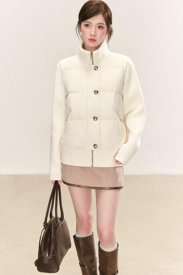 White Stand-Collar Knit Patchwork Down Jacket