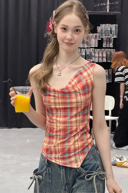 빨간 체크 리본 민소매 톱