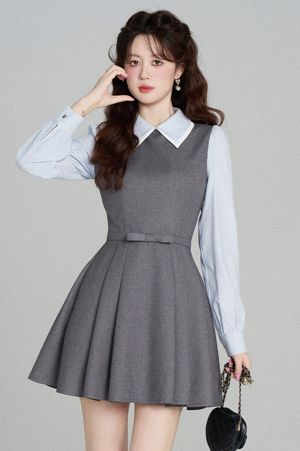 Gray Long-Sleeved A-Line Full Skirt Dress