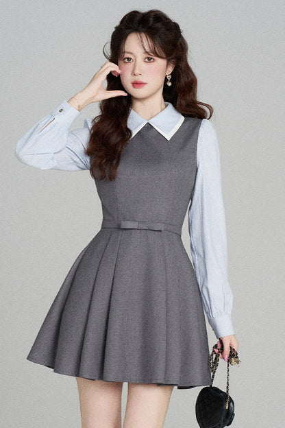 Gray Long-Sleeved A-Line Full Skirt Dress