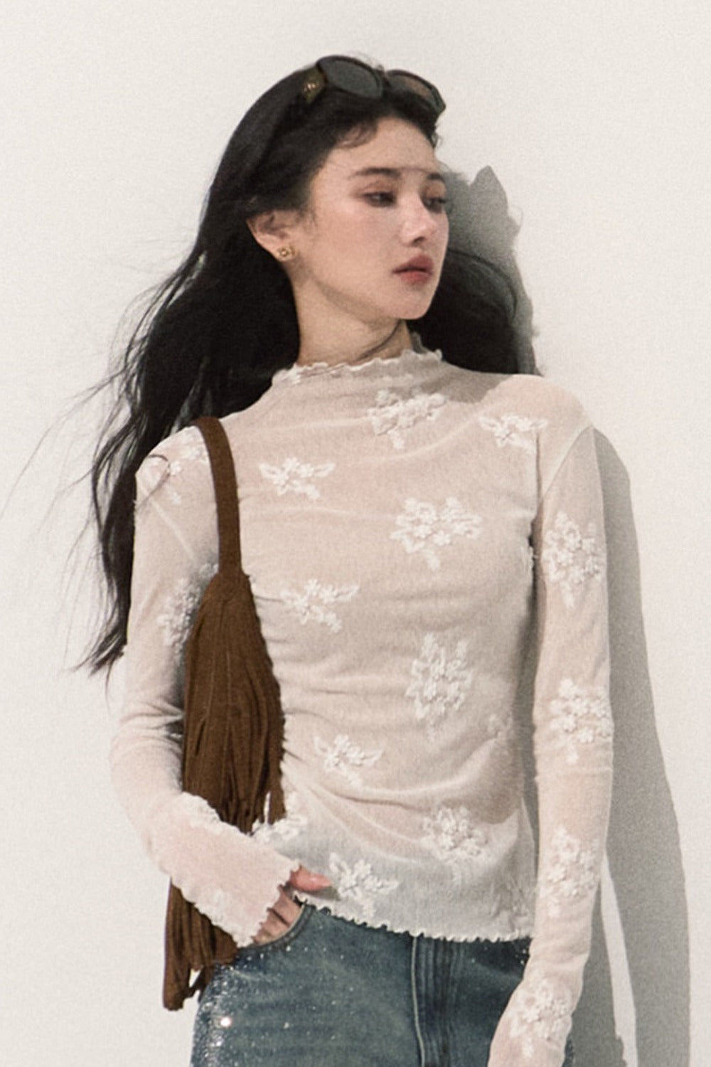 Textured Lace Jacquard Half-High Collar Top