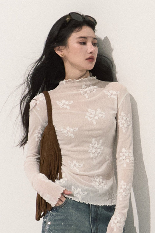 Textured Lace Jacquard Half-High Collar Top