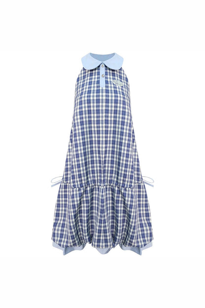 Robe bleue à carreaux avec col Claudine