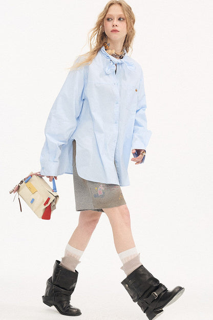Camicia ricamata a maniche lunghe in stile preppy