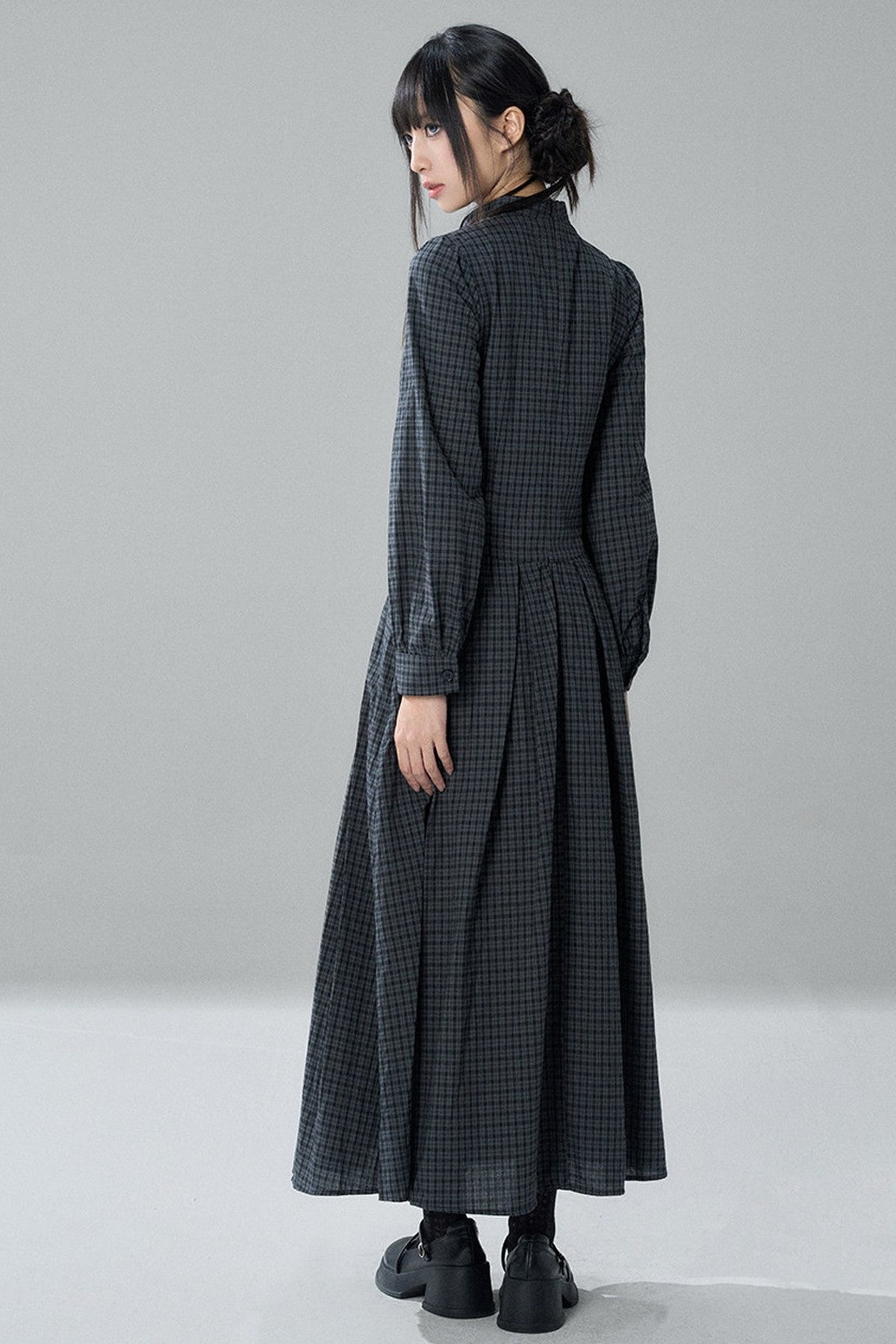 Plaid Bow Long Sleeve Dress