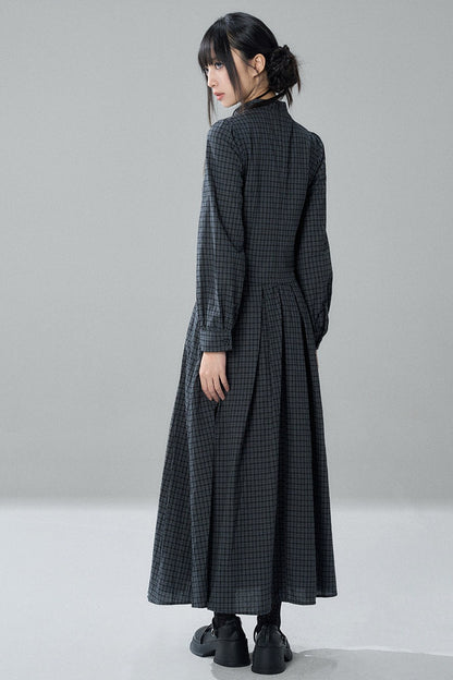 Plaid Bow Long Sleeve Dress