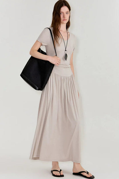 Pleated V-Neck Patchwork Dress
