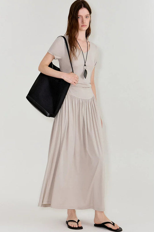 Pleated V-Neck Patchwork Dress