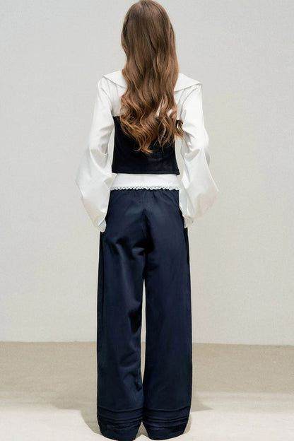 Navy Bow Patchwork Blouse