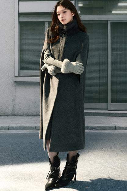 Sleeveless Fur Collar Woolen Cape