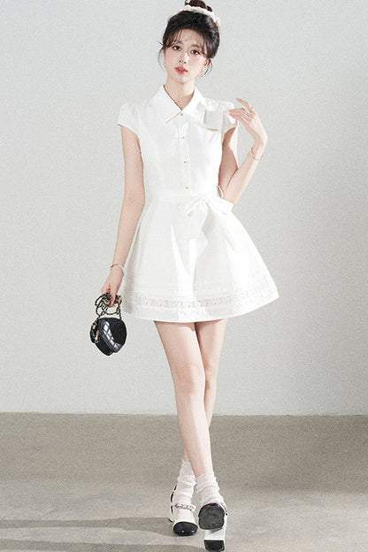 White Lace-Up Waist Puff Dress