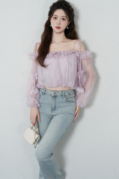 Ruffled One-Shoulder Chiffon Blouse