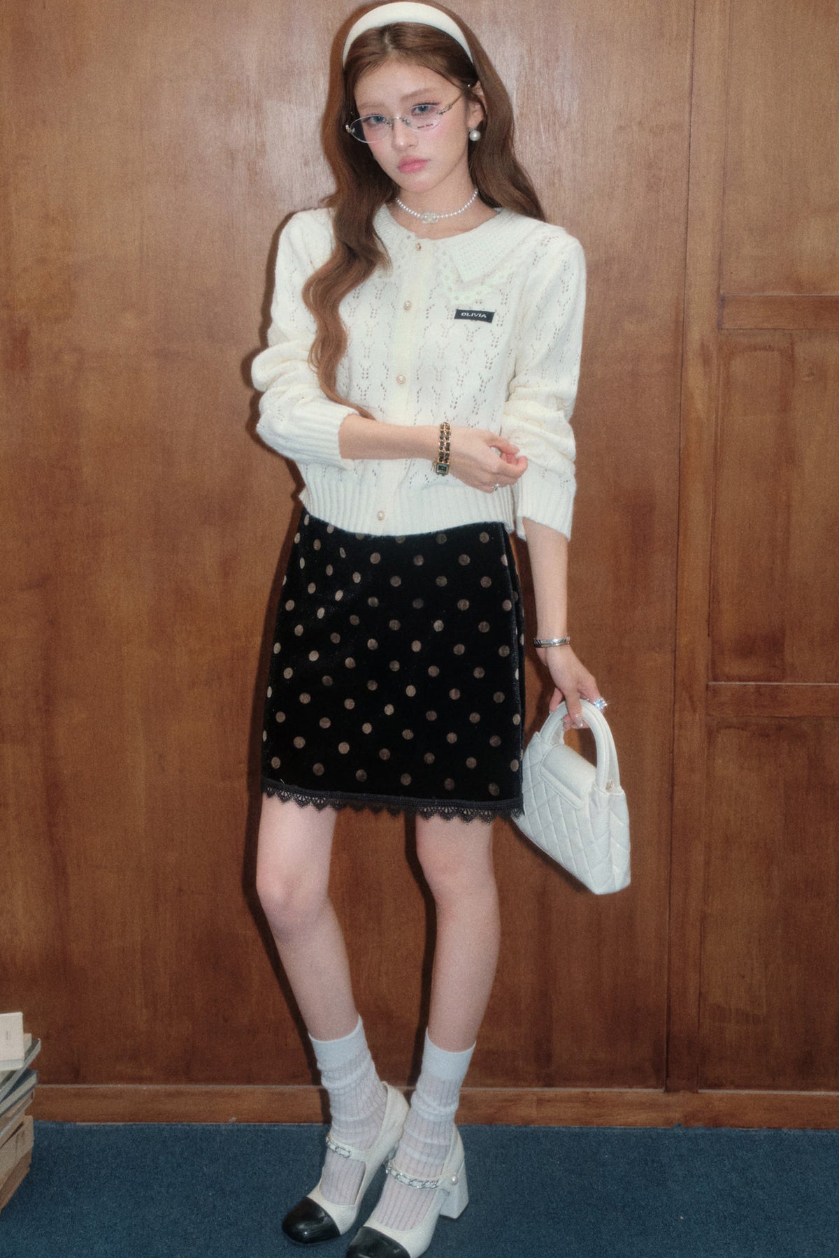 White Doll Collar Knit Top and Skirt Set-Up