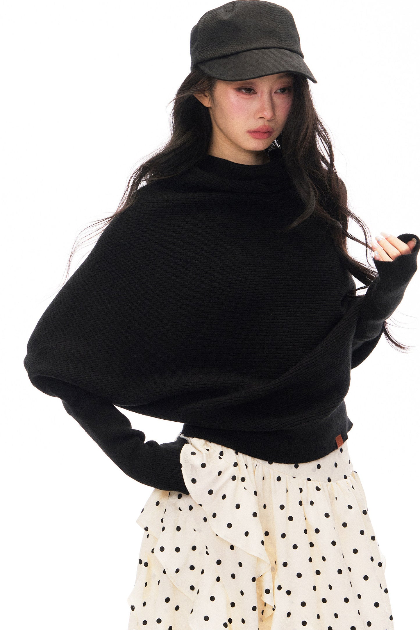 Batwing Knit Top and Polka Long Skirt Set-Up