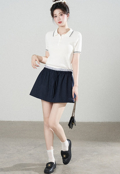 Ensemble tee-shirt polo en tricot blanc à manches courtes et jupe