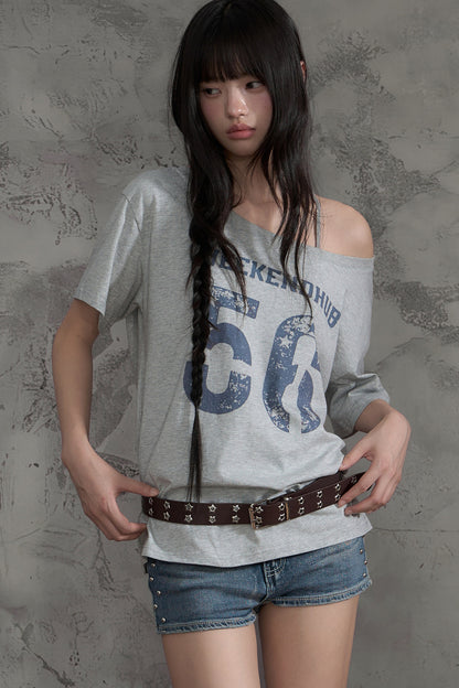 Slanted Shoulder Off-Shoulder T-Shirt Top and Pants Set-Up