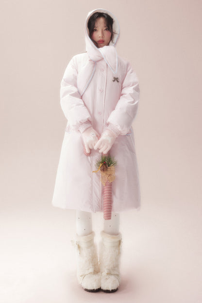 Cute Fur Ball Scarf Hat Long White Duck Down Jacket