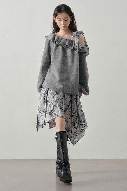 Gray Off-Shoulder Sweater Leopard Skirt Set-Up