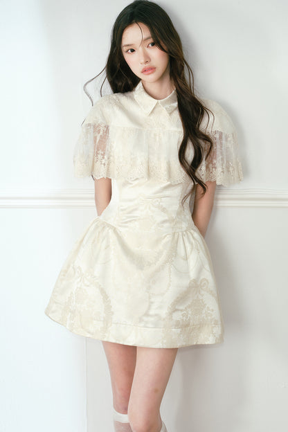 Champagne Satin Jacquard Cape Dress