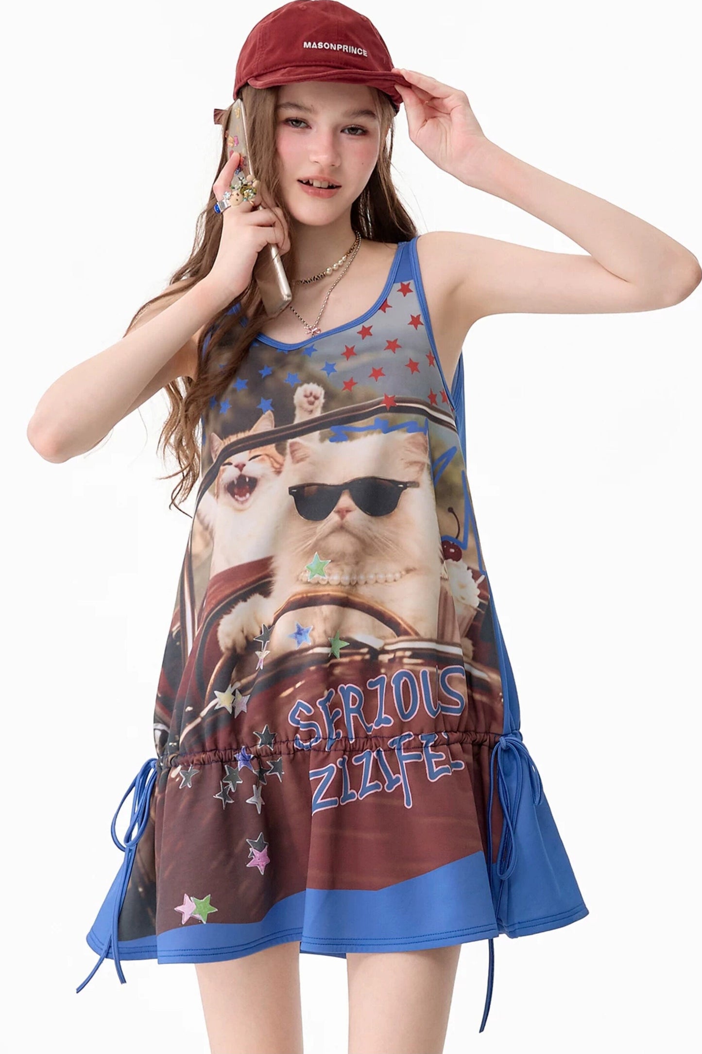 Robe sans manches streetwear rétro américaine à imprimé chat