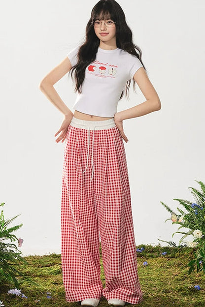 Red Plaid High-Waist Wide-Leg Pants