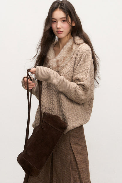 Fur Collar Knit Top and Skirt Set-Up