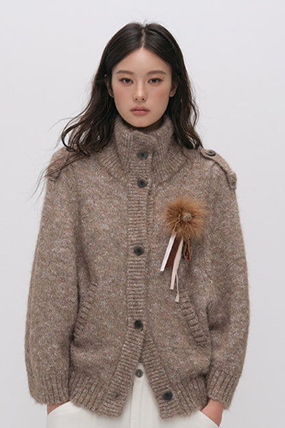 Stand Collar Corsage Knit Cardigan