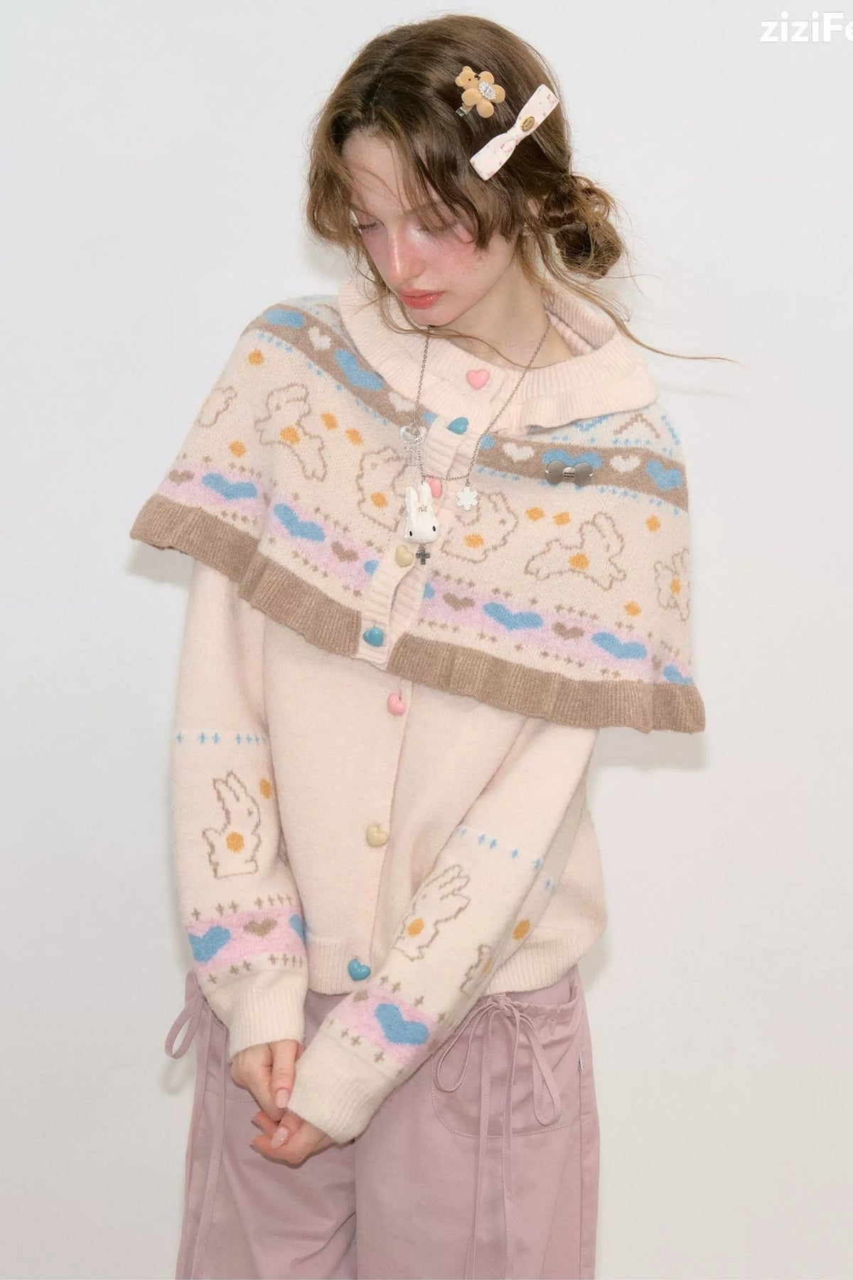 Apricot Knit Cardigan Shawl Set-Up