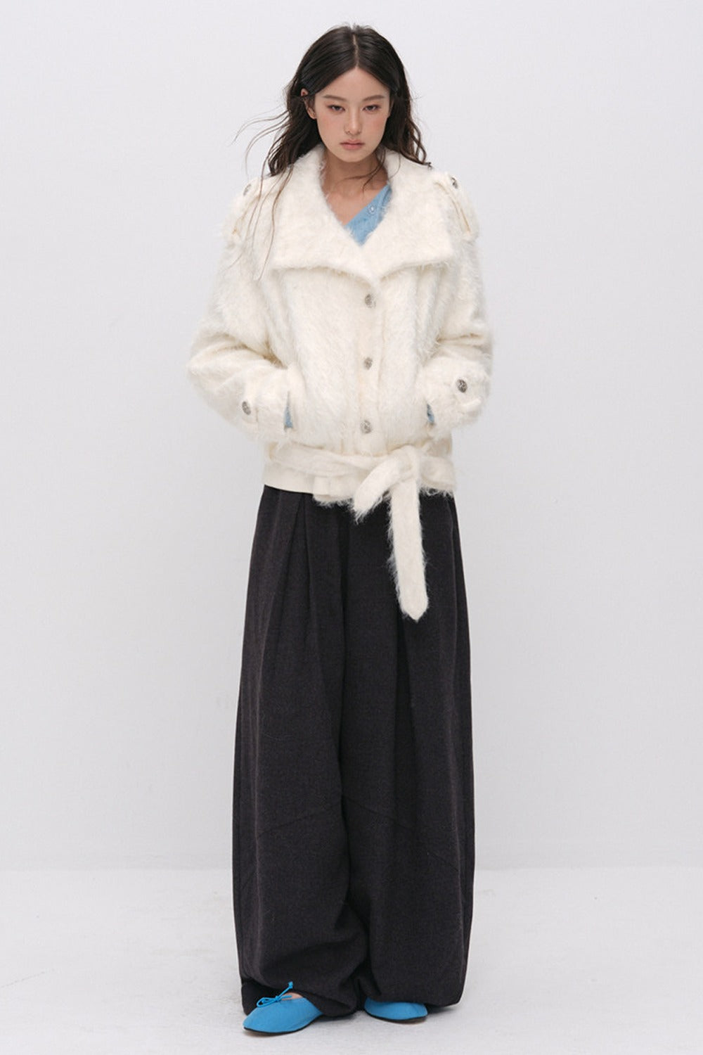 Faux Fur Diagonal Placket Tie Waist Jacket