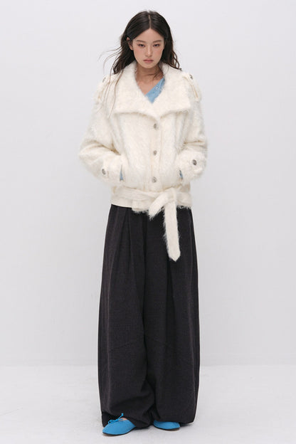 Faux Fur Diagonal Placket Tie Waist Jacket
