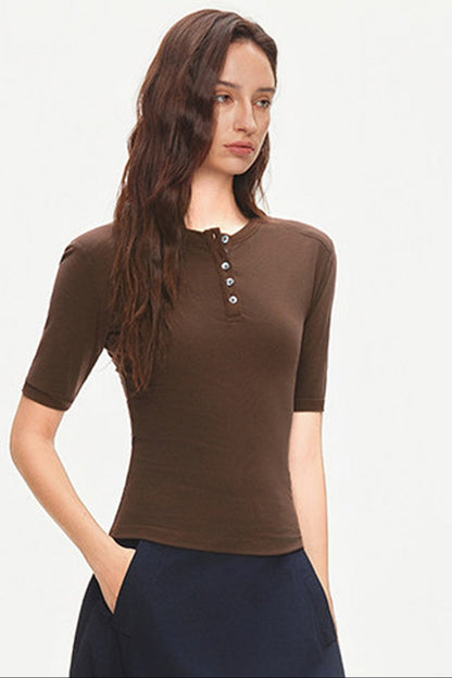 Padded Shoulder Henley Knit Top