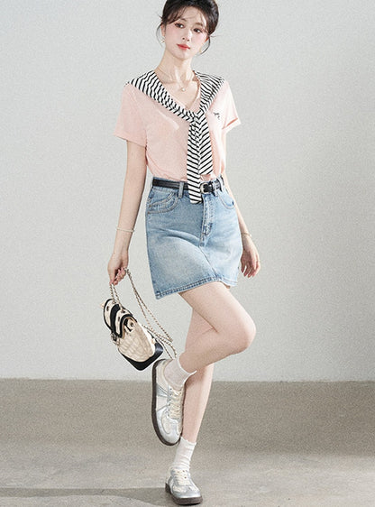 Loose Short-Sleeved Striped Shawl T-Shirt and Denim Skirt Set-Up