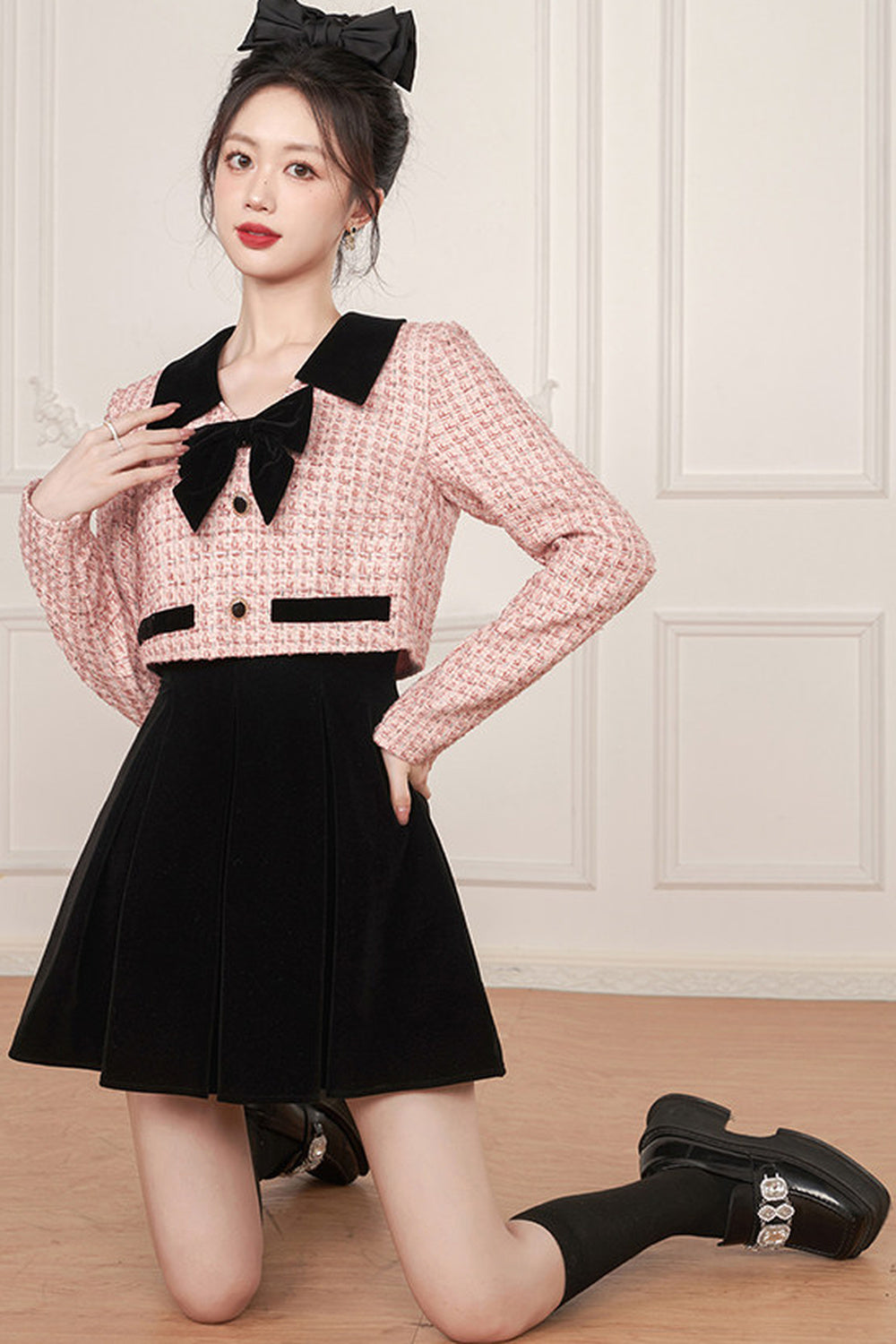 Pink Bow Layered-Look Tweed Dress