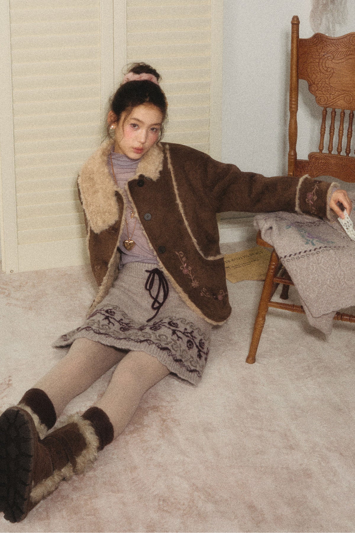 Embroidered Branch Snow Faux Suede Jacket