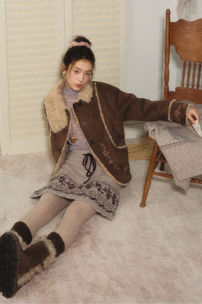 Embroidered Branch Snow Faux Suede Jacket
