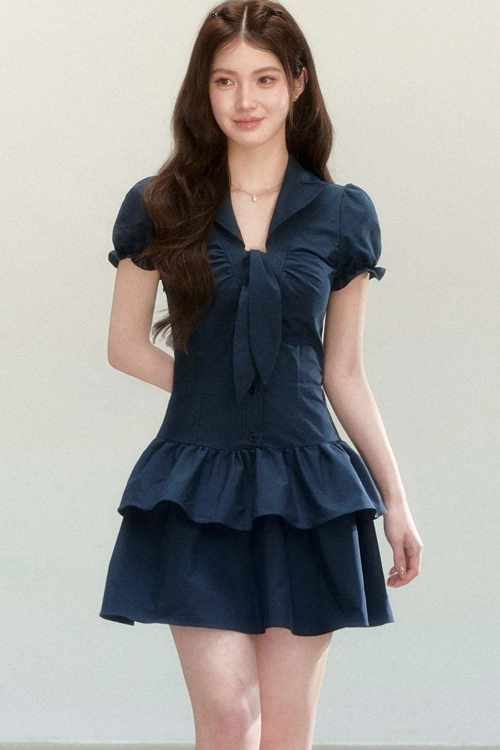 Navy Plaid V-Neck Dress