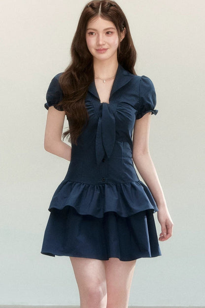 Navy Plaid V-Neck Dress