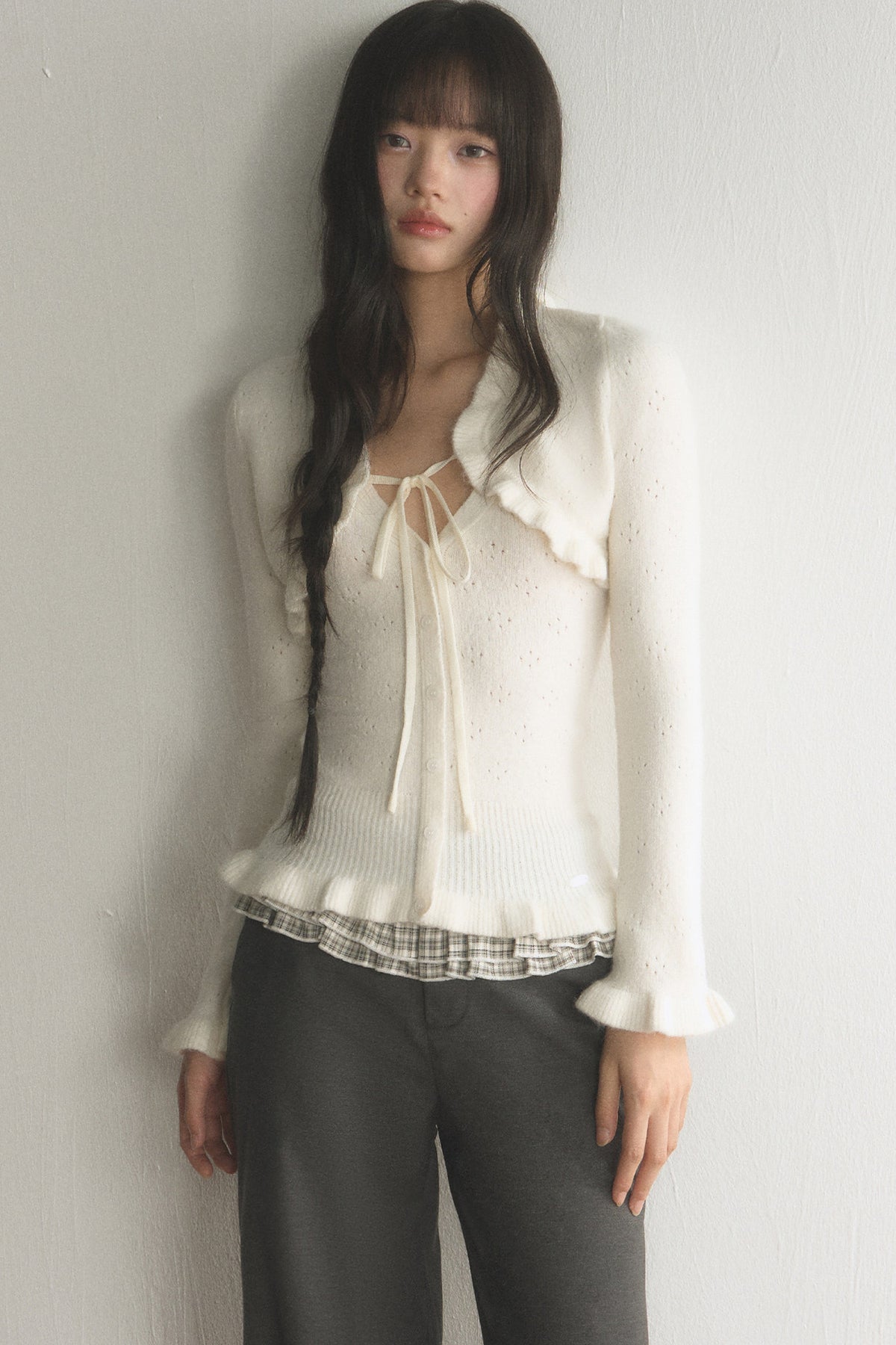 Ruffled Hollow-Out Knit Cardigan and Pants Set-Up