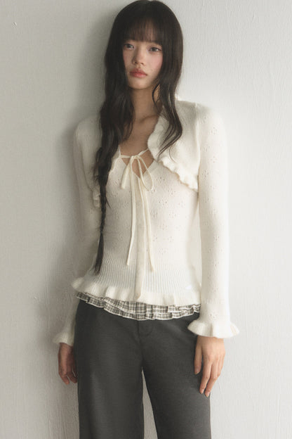 Ruffled Hollow-Out Knit Cardigan and Pants Set-Up