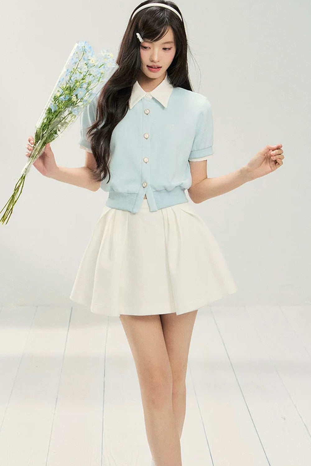 Color-Block Short-Sleeve Cardigan and Puffy Skirt Set
