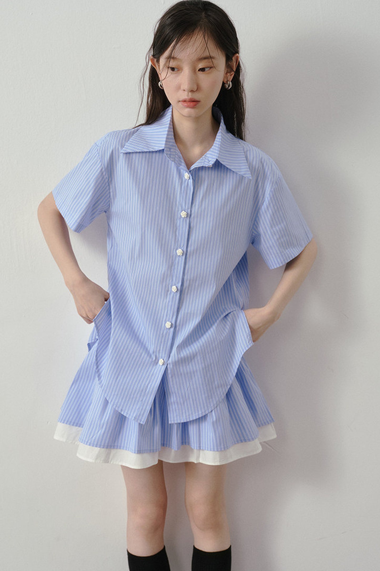 Blue White Striped Shirt and Pleated Skirt Set