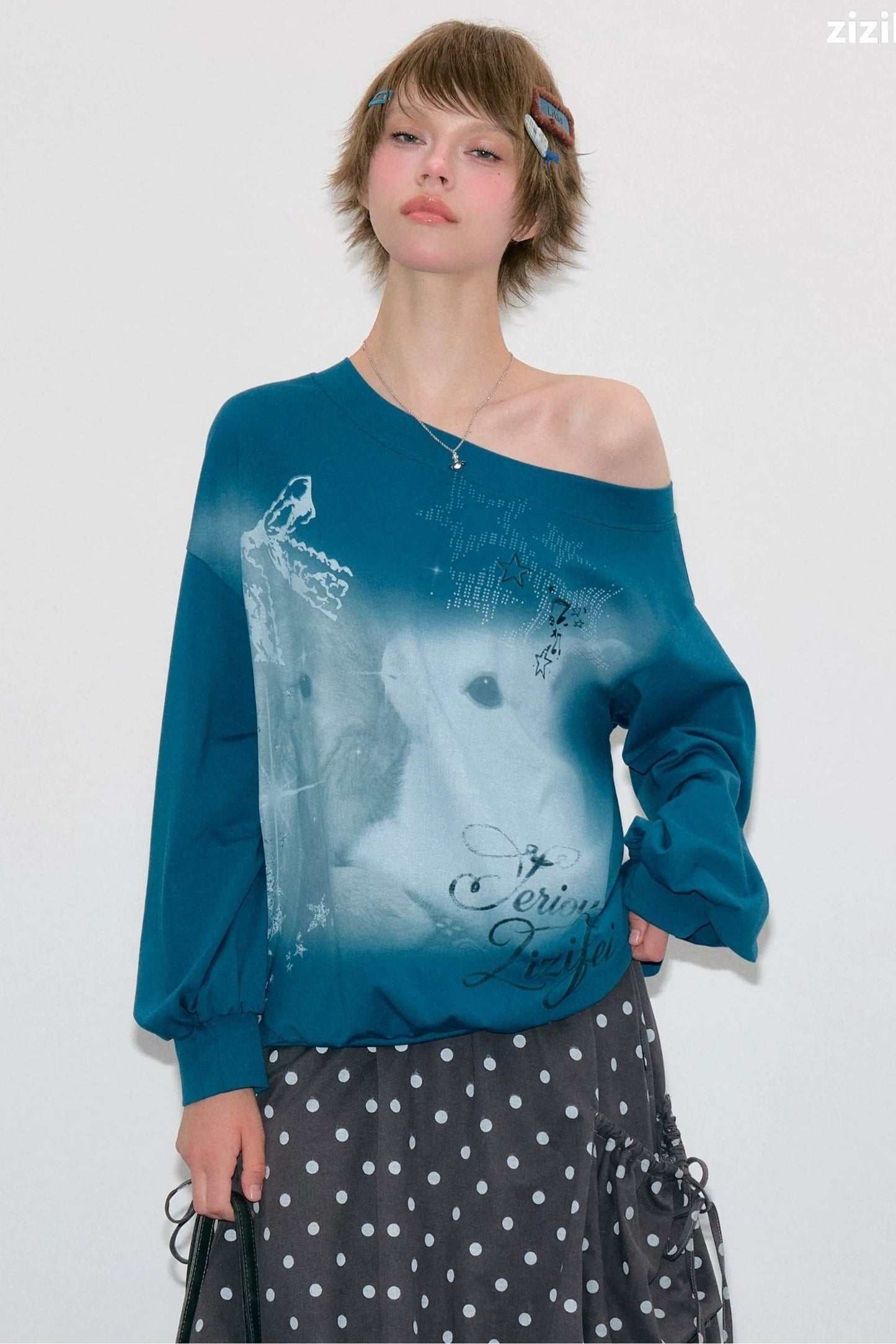 Rabbit Print Lantern Sleeve Off-Shoulder Sweatshirt