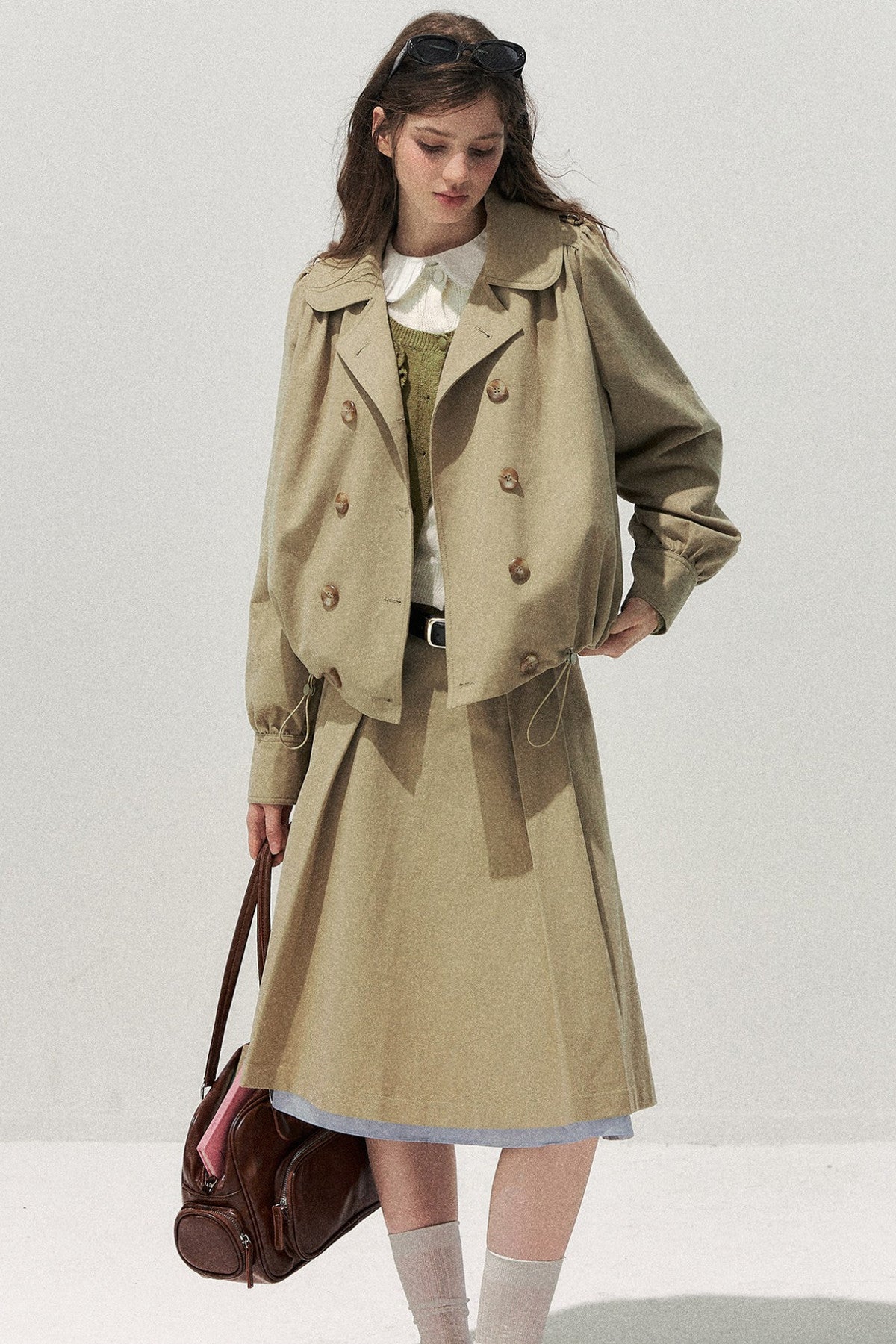 Khaki Short Trench Coat and Skirt Set-Up