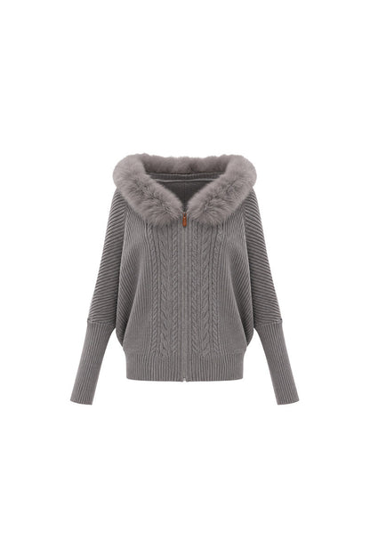 Ensemble cardigan en maille à col en fourrure et jupe