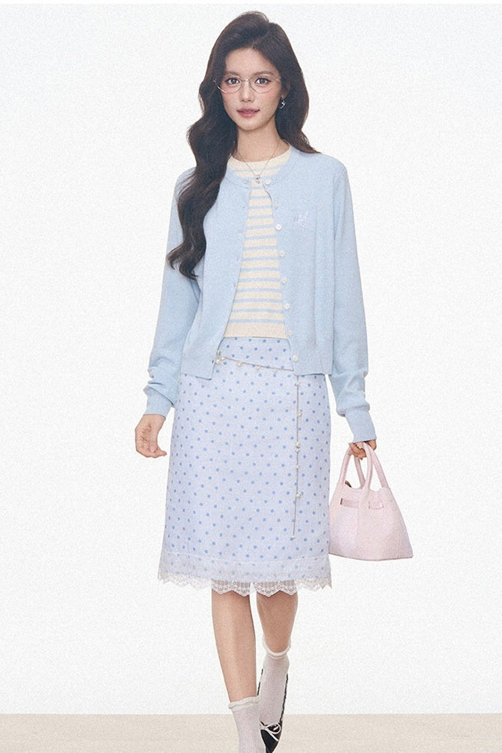 Light Blue Knitted Cardigan and Polka Dot Midi Skirt Set-Up