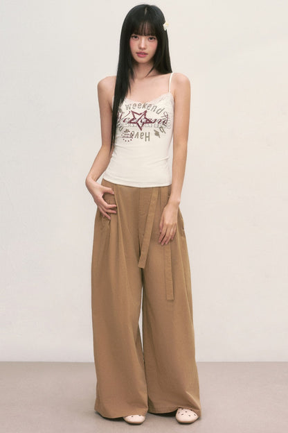 Pantalones caqui de pierna ancha con cintura anudada