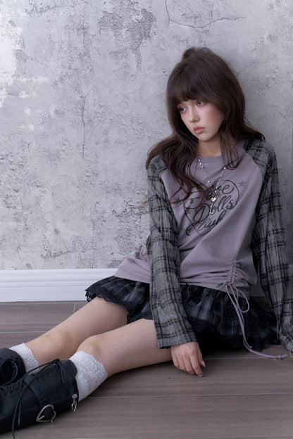 Gray-Purple Raglan Sleeve Printed Drawstring T-Shirt and Plaid Skirt Set