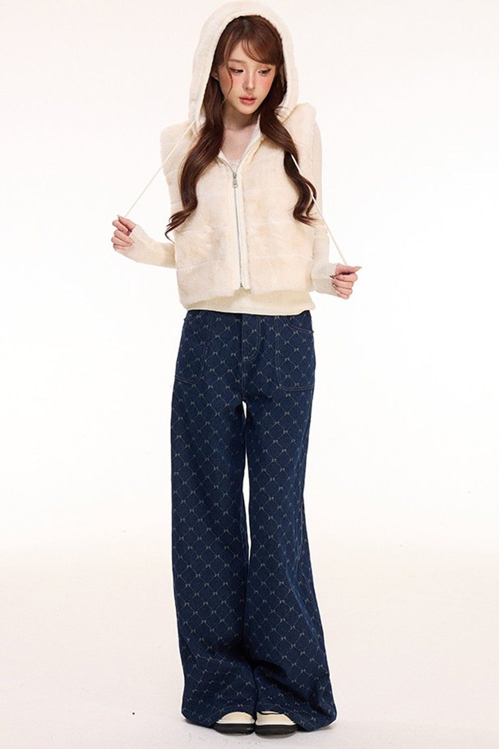 Hooded Faux Fur Vest and Wide-Leg Denim Pants Set-Up